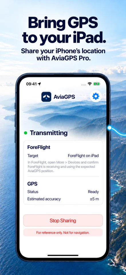Bring GPS to your iPad. AviaGPS shows an active connection to ForeFlight and GPS accuracy on iPhone.