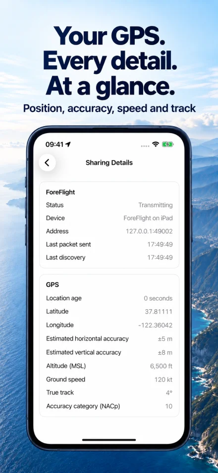 Your GPS. Every detail. At a glance. AviaGPS Sharing Details shows position, accuracy, speed, and track.
